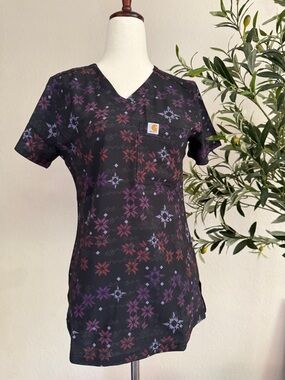 Carhartt Black Floral V-Neck Short Sleeve Top with Purple & Red Accents